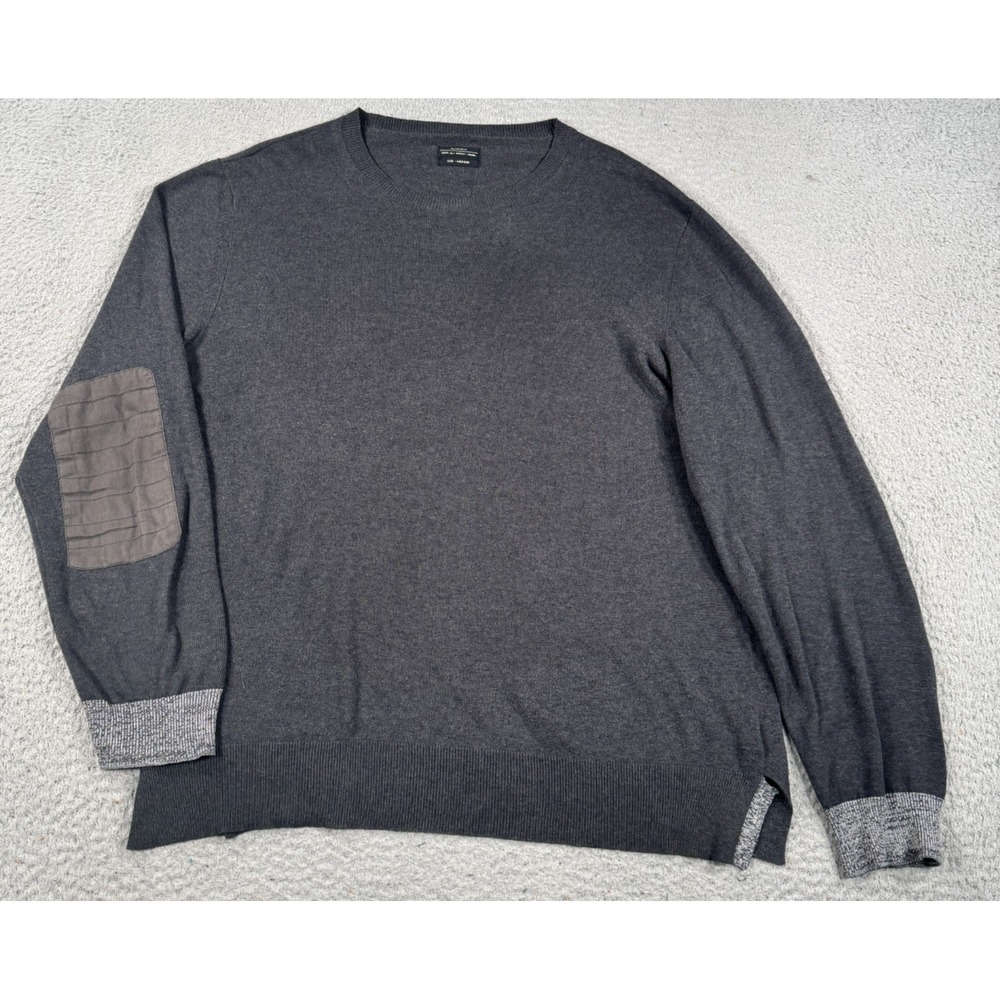 AllSaints Sweater Men's Medium Gray Ribbed Knit Elbow Patch Long Sleeve Preppy‎
